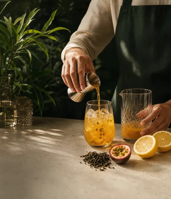 Hands preparing a tropical fruit beverage with fresh ingredients